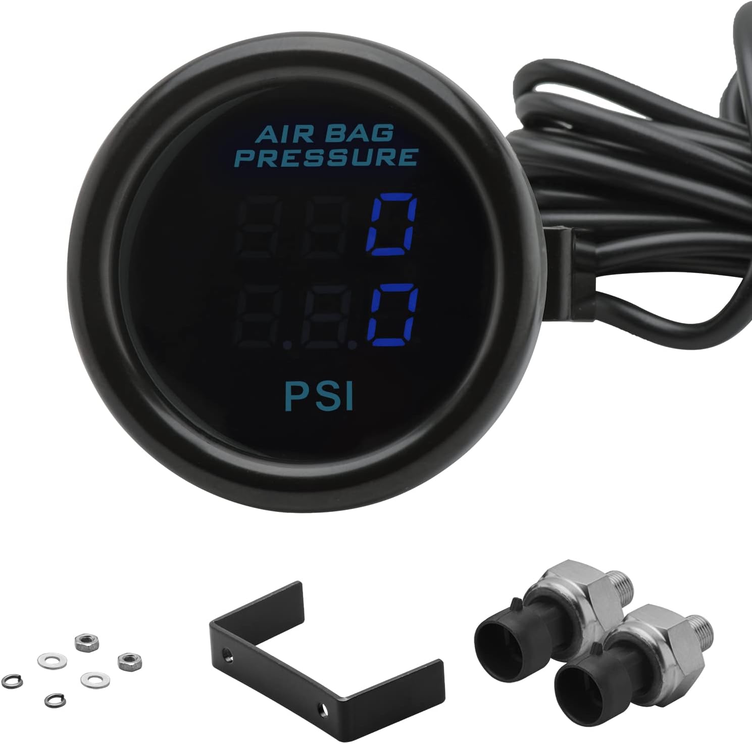 Dual Display Air Suspension Gauge Air Ride Air Pressure Gauge 2Inch 0-220PSI with 2Pcs 1/8NPT Sensors and 16.5ft Sensor Cable LCD Blue