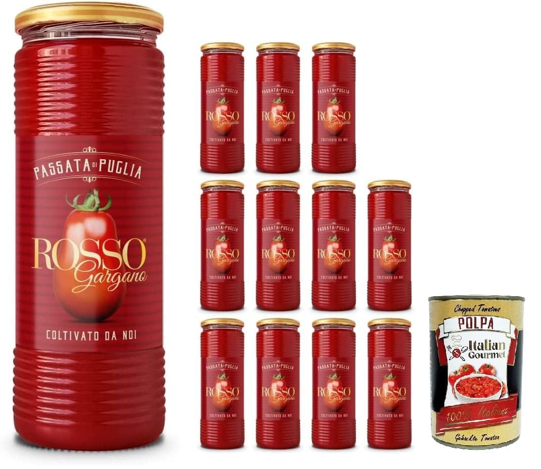 Italian Gourmet - Rosso Gargano - Passata de Tomates des Pouilles 12 x 690 ml – purée de tomate italienne lisse, idéale sauce tomate, pizza, pâtes, ragù, méditerranéenne + Italian Gourmet polpa