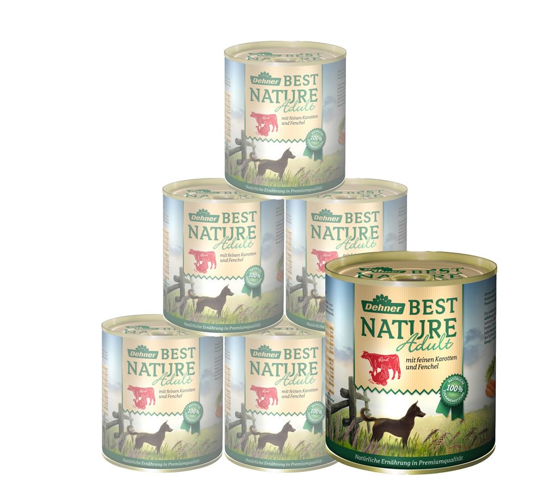 Dehner Best Nature Hundefutter, Nassfutter getreidefrei, für ausgewachsene Hunde, Rind / Pute / Karotten, 6 x 800 g Dose (4.8 kg)