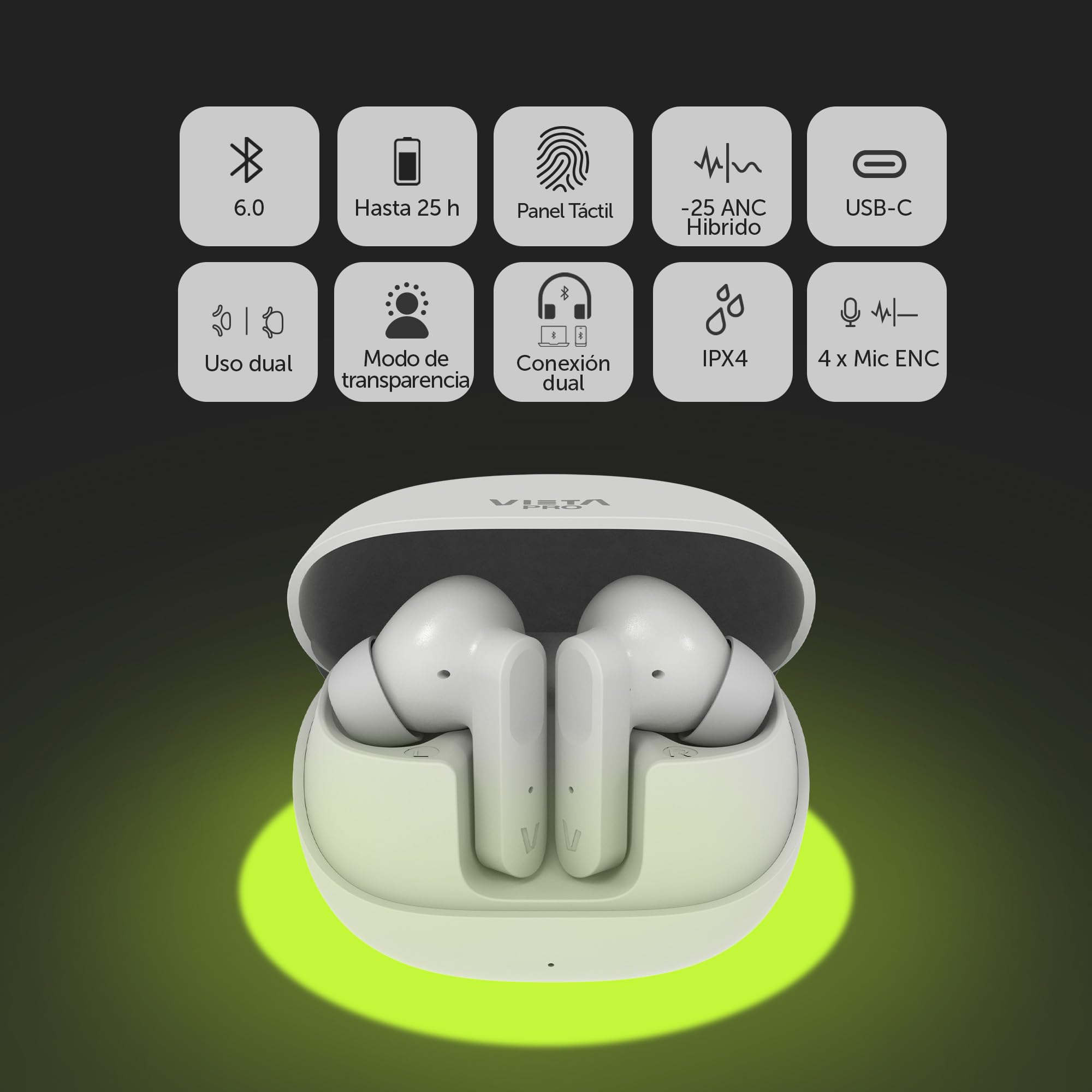 Vieta Pro - Auriculares True Wireless con Cancelación Activa de Ruido -25dB, Bluetooth 6.0, Dual Pairing, 4 x Mic ENC, Autonomía 25h, App Joy 2 Blanco