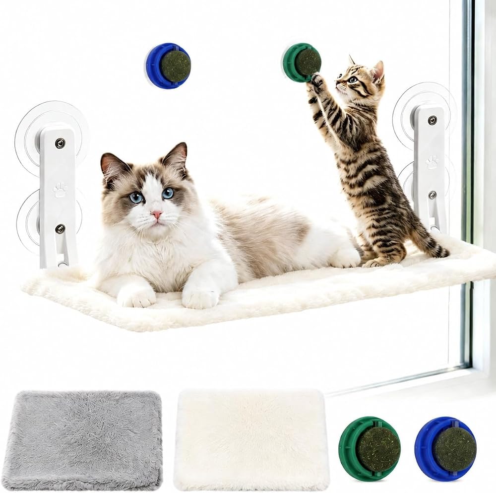 Cat Window Perch Hammock with 2 Washable Plush Covers, Cozy Window Bed for Cats with Catnip Toys, Window Mounted Cat Bed for Indoor Cats to Sunbathe and Relax
