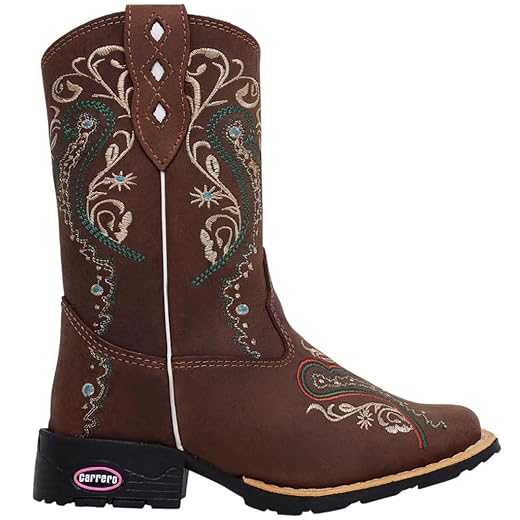 Bota Texana Infantil Feminina com Bordado Flores Negras, Bico Quadrado, Zíper Lateral, Couro Marrom, Sola Borracha, Estilo Country