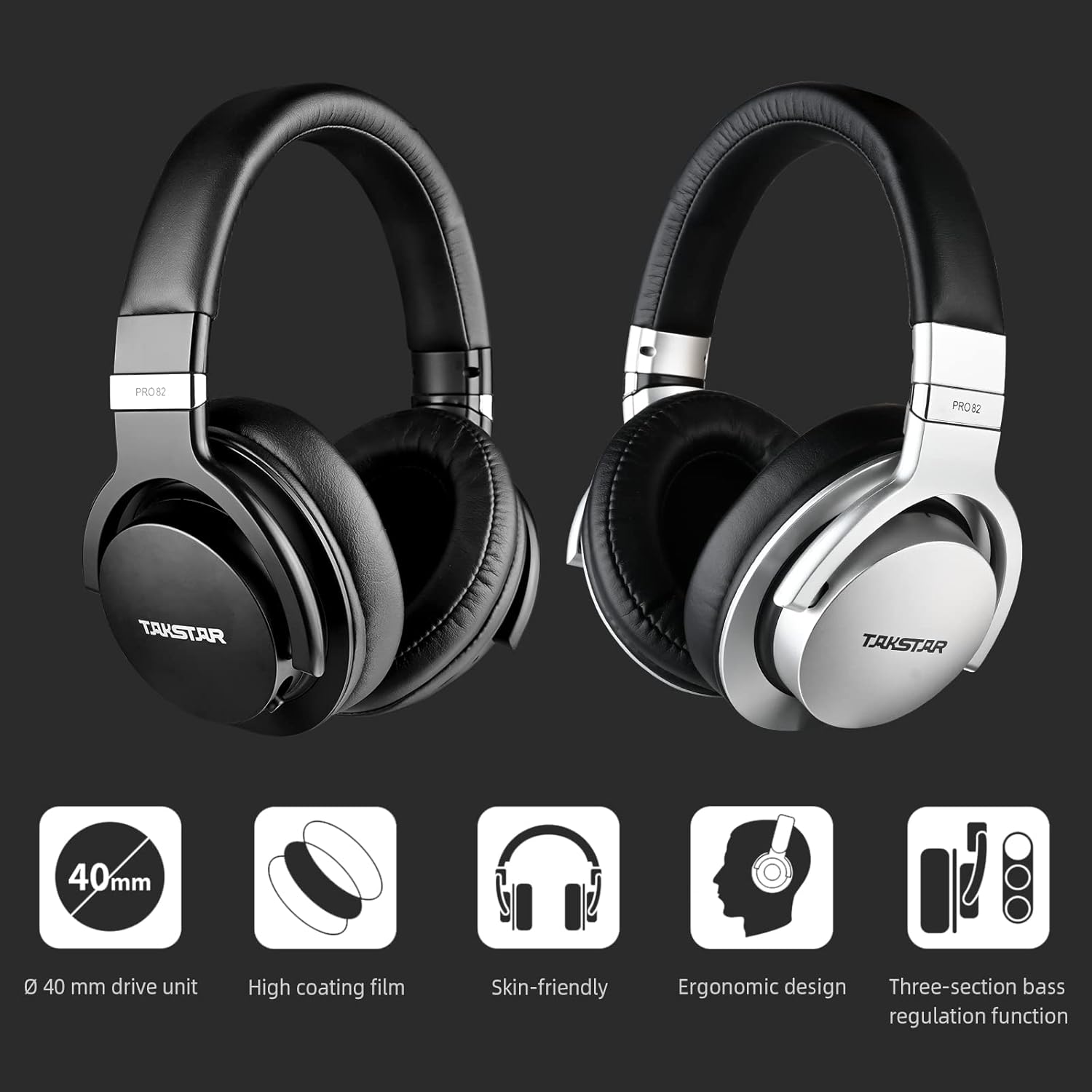 Black and silver versions of TAKSTAR PRO 82 headphones with feature icons.