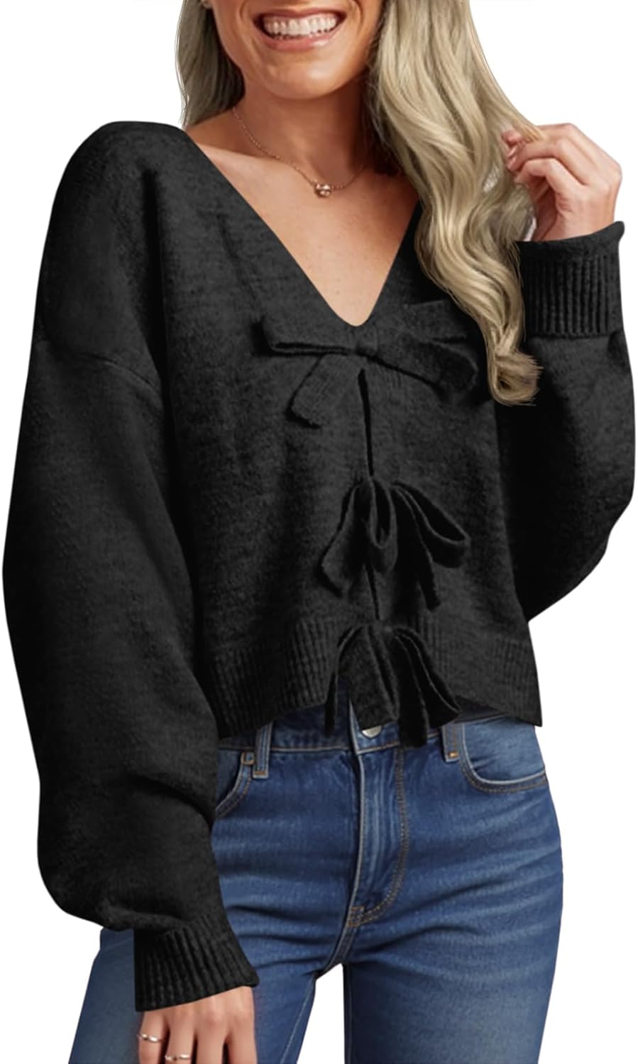 Saodimallsu Womens Bow Sweater Cropped V Neck Long Sleeve Fall Cozy Knit Loose Trendy Pullover Sweaters