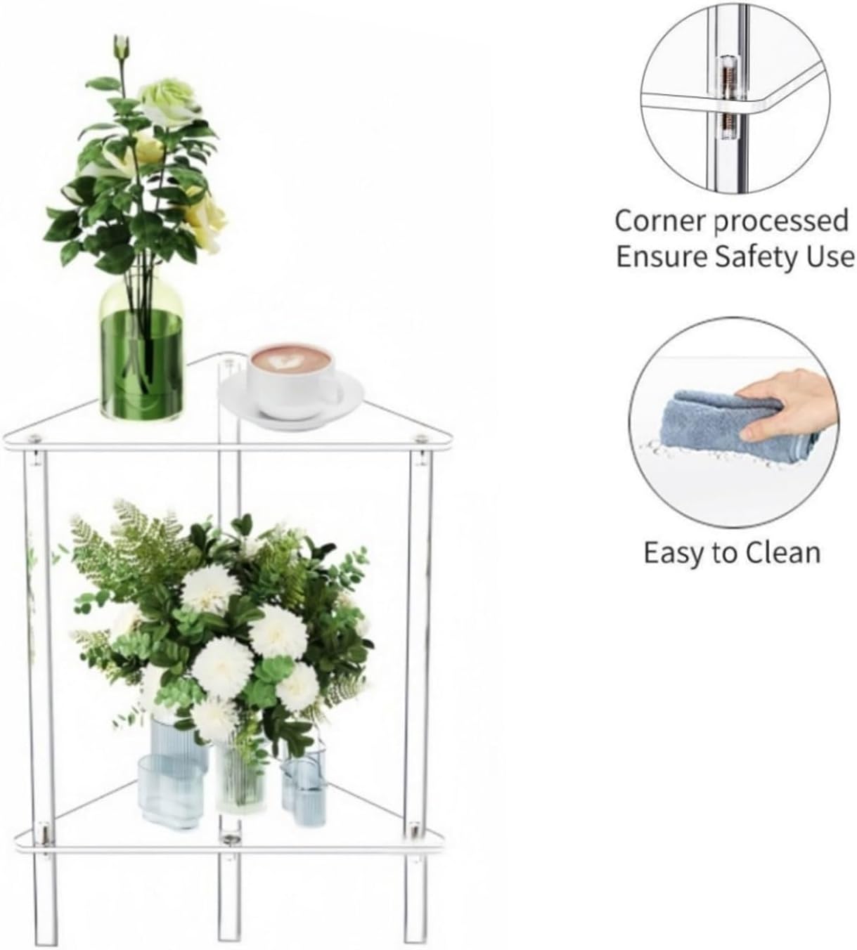 Luqeeg Acrylic Corner Shelf Stand, Load Capacity 40 Lbs 2 Tier Triangular Small Bathroom Stand, End Table Display Rack Plant Display Shelf for Living Bedroom Kitchen Home Decor