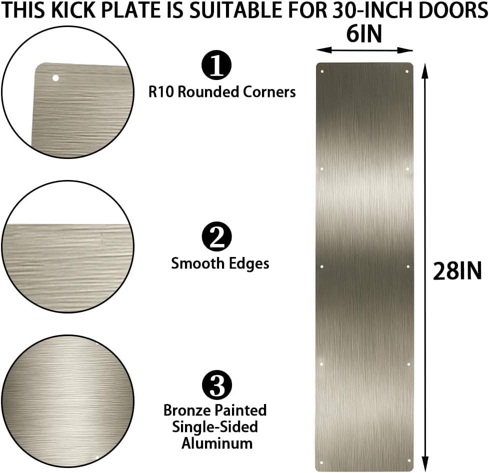 Door Kick Plate, Metal Kickplate for Bottom of Door,6x28" Aluminum Metal Plate Rounded Corners for 30" Interior Exterior Doors (Brushed Bronze)