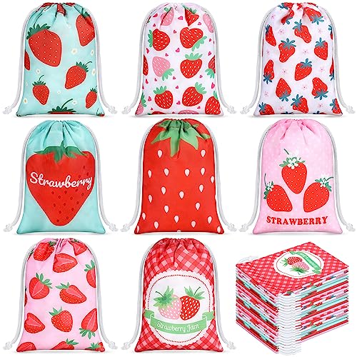 Kajaia 24 Pcs Strawberry Drawstring Gift Bags Bulk 7.1 x 5.1 Inch Small Polyester Candy Treat Goodie Bags Pink Strawberry Birthday Party Favors for Fruit Baby Shower Wedding Party Supplies
