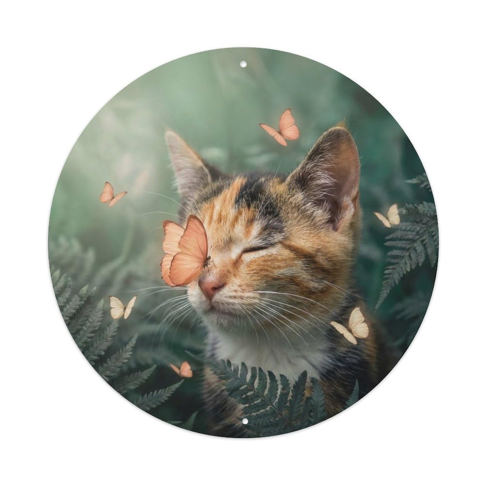 Calico Kitten Kawaii Pet Peach Butterfly Pastel Woodland Metal Tin Sign Plaque Wall Decor for Cafe, Man Cave, Club Bar, Office, Home Garden Round Metal Poster 8x8Inch