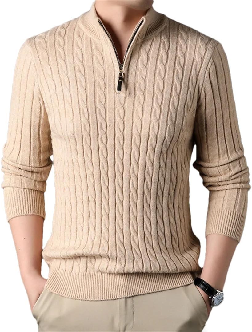 Men's Diamond Plaid Thick Wool Warm Long Sleeved Cardigan Knitted Sweater