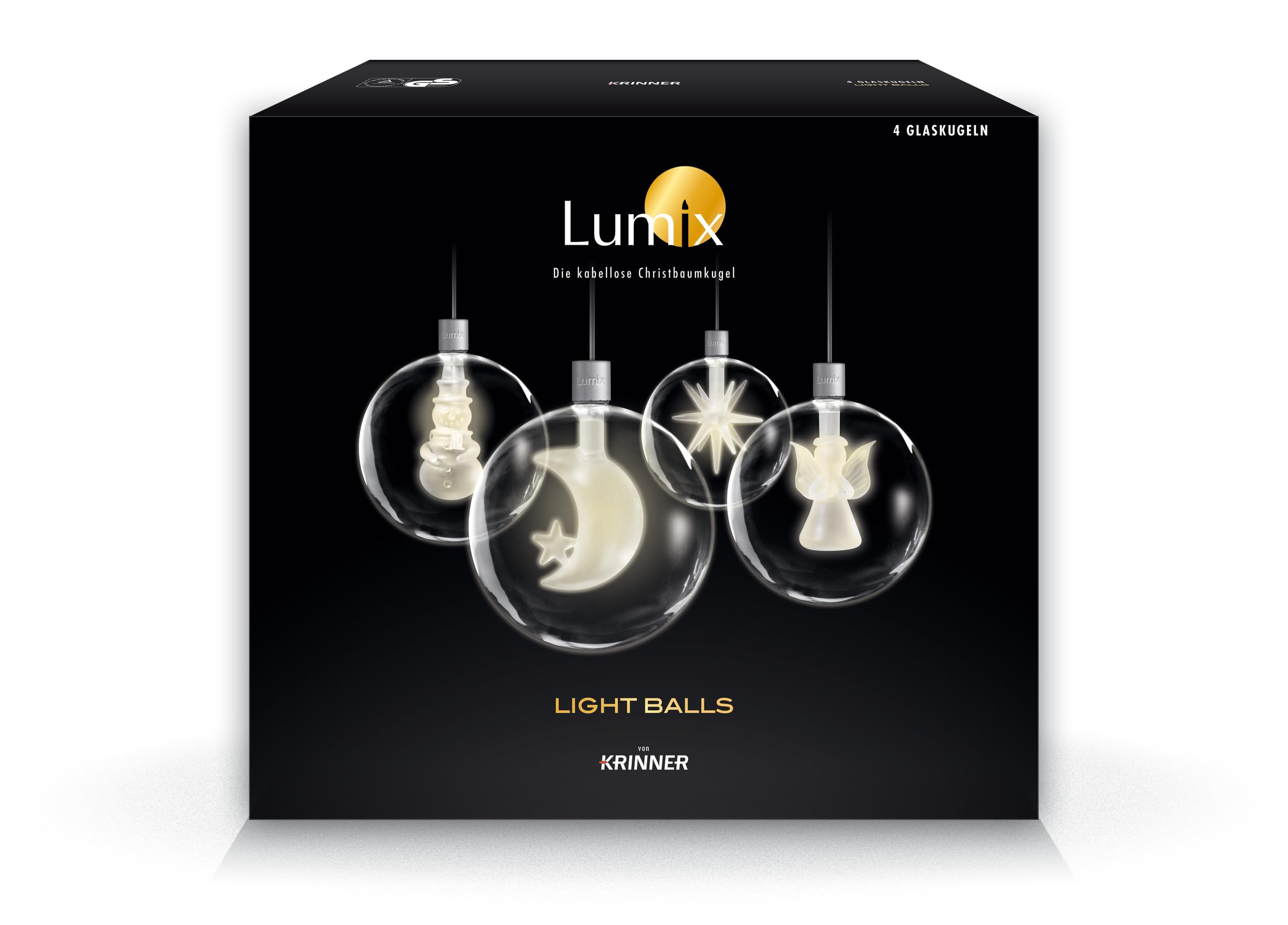 Lumix Light Balls von Krinner 76000-4x mundgeblasene Glaskugeln mit verschiedenen Motiven, warm-weiße LED inkl. Funk-Fernbedienung und Batterien, Weihnachtsdekoration und Christbaumschmuck