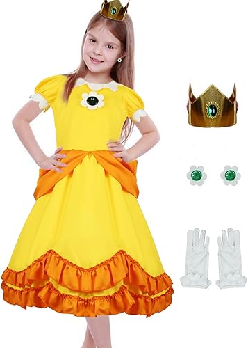 Poboola Disfraz de princesa melocotón de margarita, vestido de cosplay de Super Brothers Rosalina con corona para niños y niñas, disfraz de fiesta