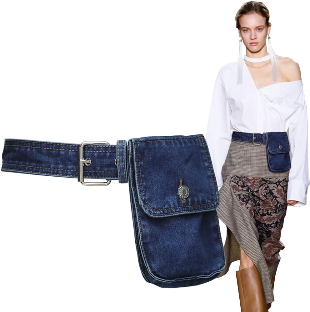 Women's Denim Waist Belt Fanny Pack Waist Bag with Removable Belt Bag (Fit waist 26.3"-35.4", Dark Blue)