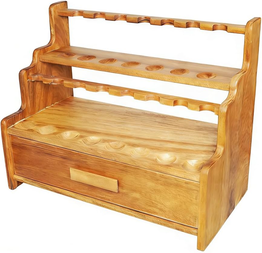 MUXIANG Handcrafted Solid Wood Tobacco Pipe Display Rack with Storage Drawer, 15-Slot Organizer, Premium Hardwood Multi-Tiered Stand FA0141