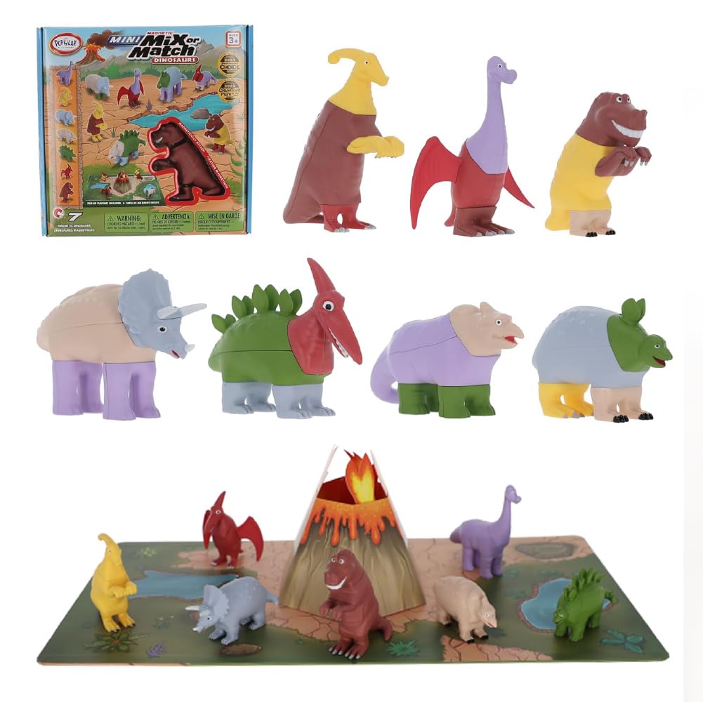 Magnetic Dinosaurs for Toddlers 1-3, Mix or Match Dinosaur Toys, Set of 7 Gift for Kids - Dinosaurs with Pop-up Playmat