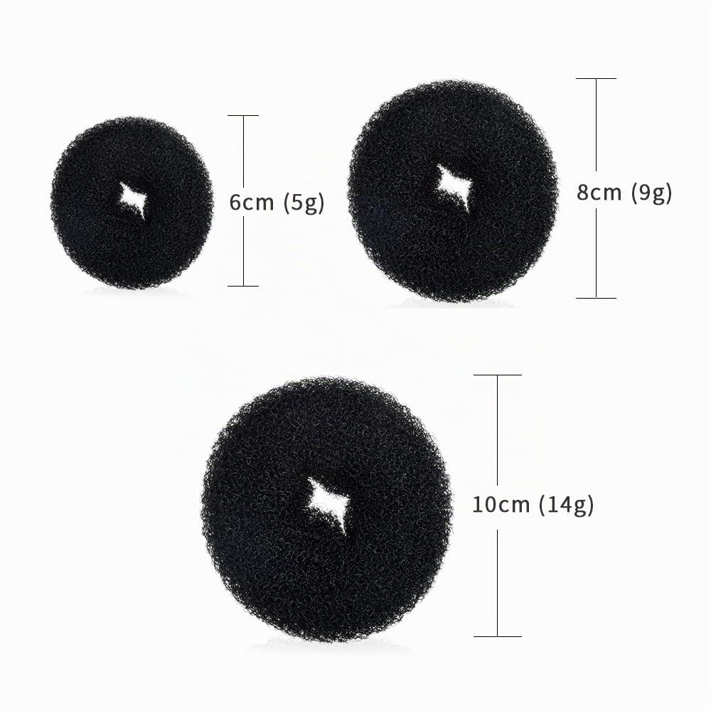 Set da 3 Pezzi per Chignon a Ciambella per Capelli Neri, Chignon ad Anello, modellatore per Ciambella per Capelli Corti e Sottili (6 cm, 8 cm, 12 cm)