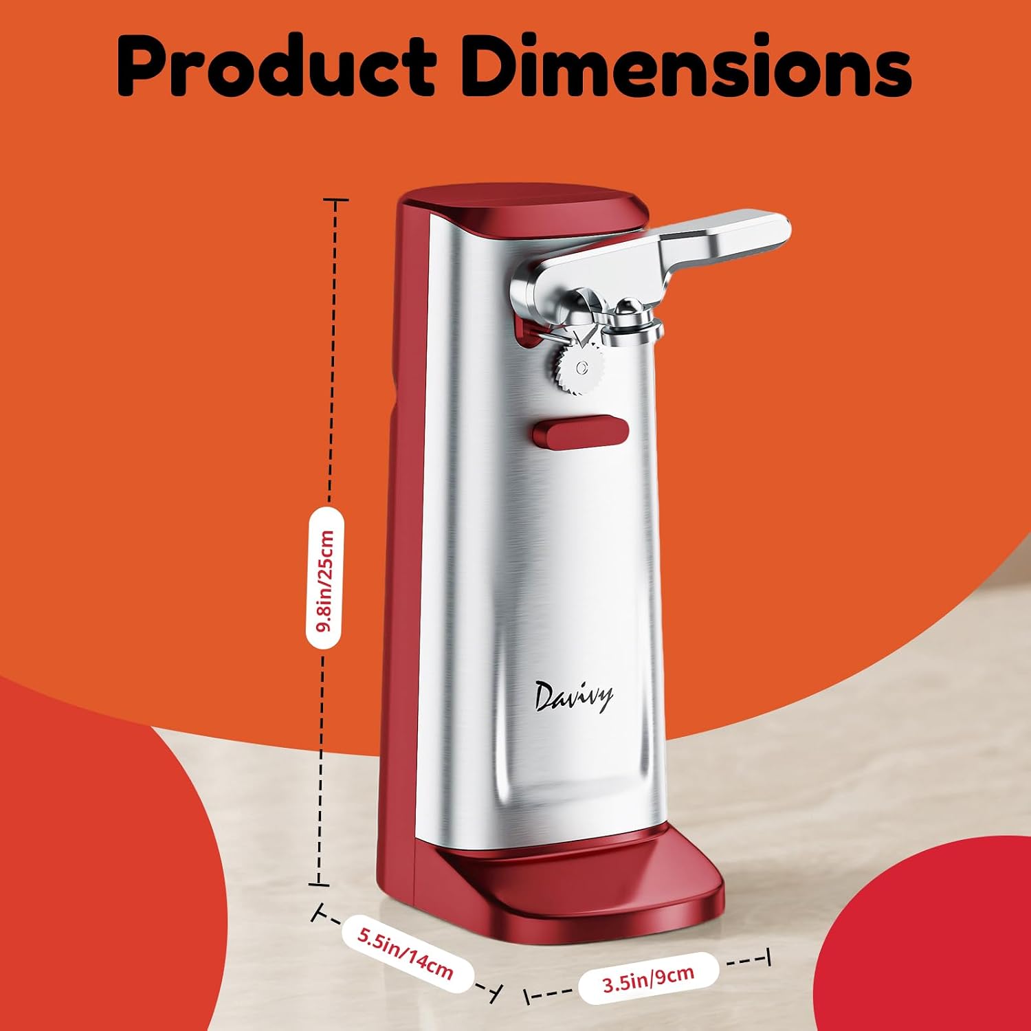 Davivy Electric Can Opener, Removable Stainless Steel Cutter and 3-in-1 Design with Sharpener and Bottle Opener (Red-Stainless Steel)