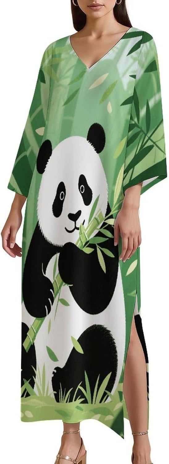 Panda Bamboo Kaftan Dresses for Women V-Neck Elegant Maxi Dress Casual Swimsuit Cover Up for Beach