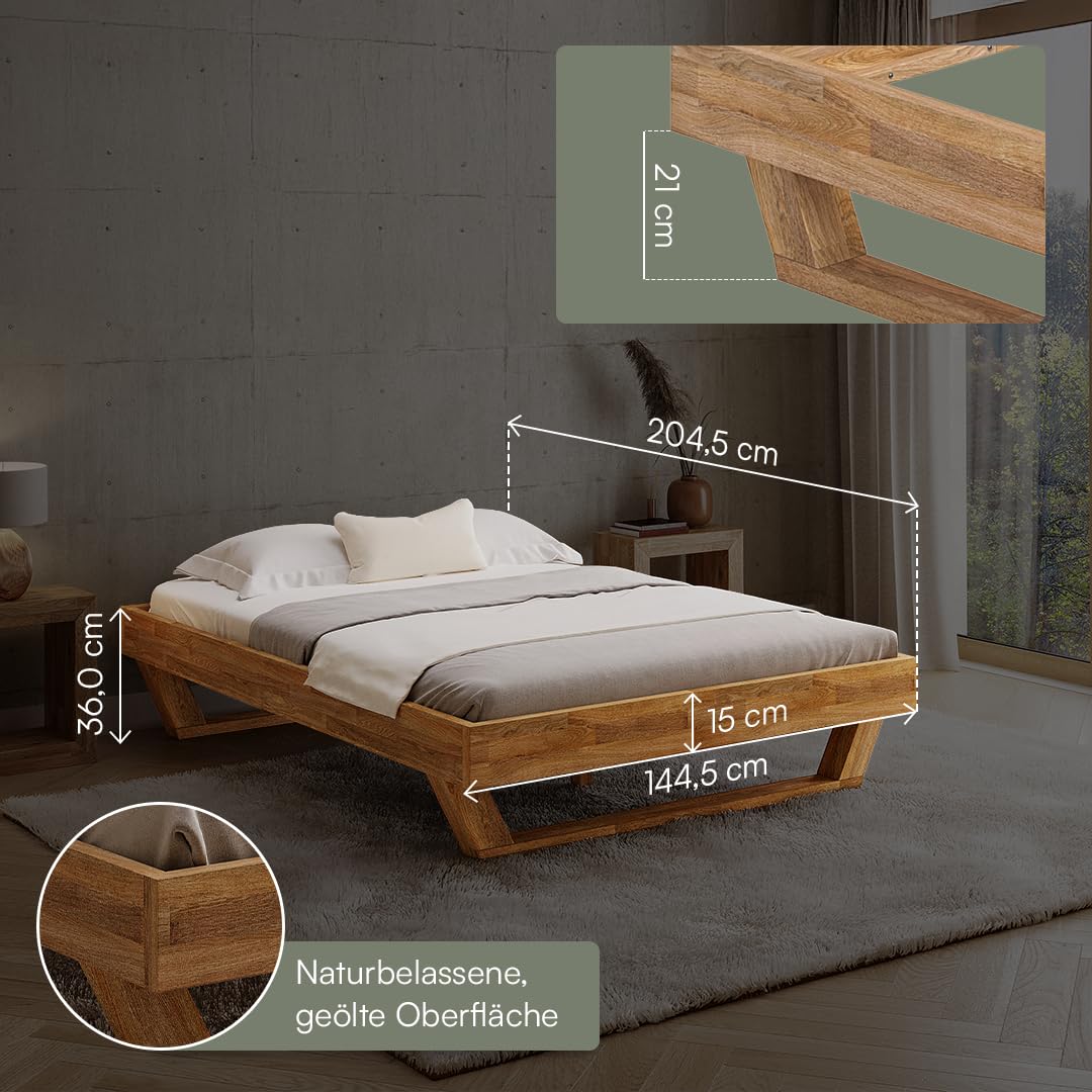 skølm Nornir Massivholzbett 140x200 cm – Bettrahmen aus Massivholz Eiche geölt – hochwertiges Holzbett mit Kufen Bettbeinen – Bettgestell ohne Bettkopf – geeignet als Doppelbett