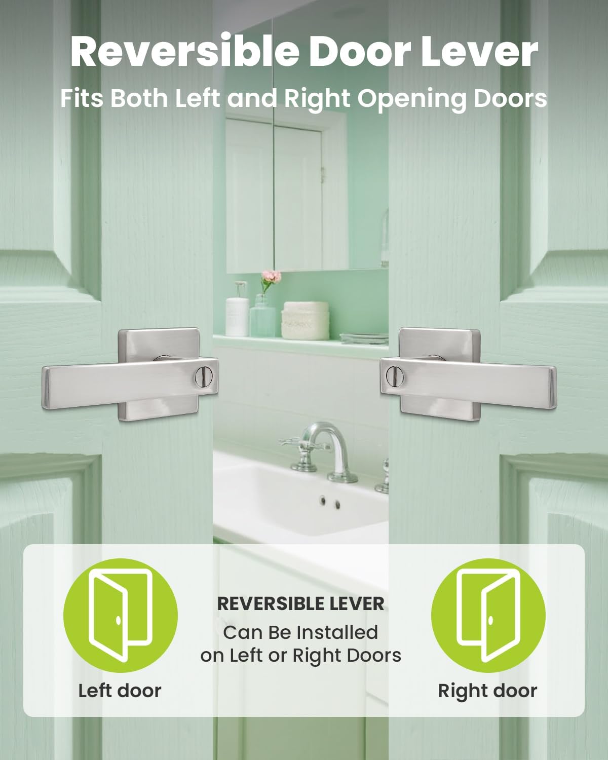 Privacy Door Handle Keyless GreenShield Lock Set, Heavy Duty Reversible Interior Door Lever for Bedroom Bathroom, Square Door Lock for Left Right Handed Doors (10 Pack, Satin Nickel)