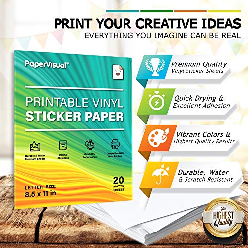 Image of Premium Printable Vinyl Sticker Paper for Inkjet and Laser Printer - 20 White Matte Sticker Paper Waterproof - Excellent Adhesion Paper 8.5 x 11, Fast Dry, Holds Ink Well, Great for Cutting Machines