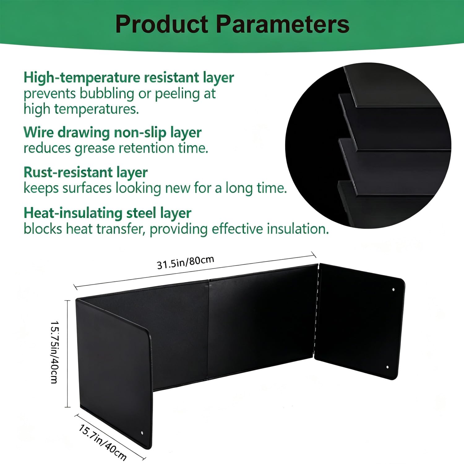 Protection anti-éclaboussures pliable | Écran anti-éclaboussures d'huile extra haut de 40 cm pour cuisinière (noir, 4 côtés)