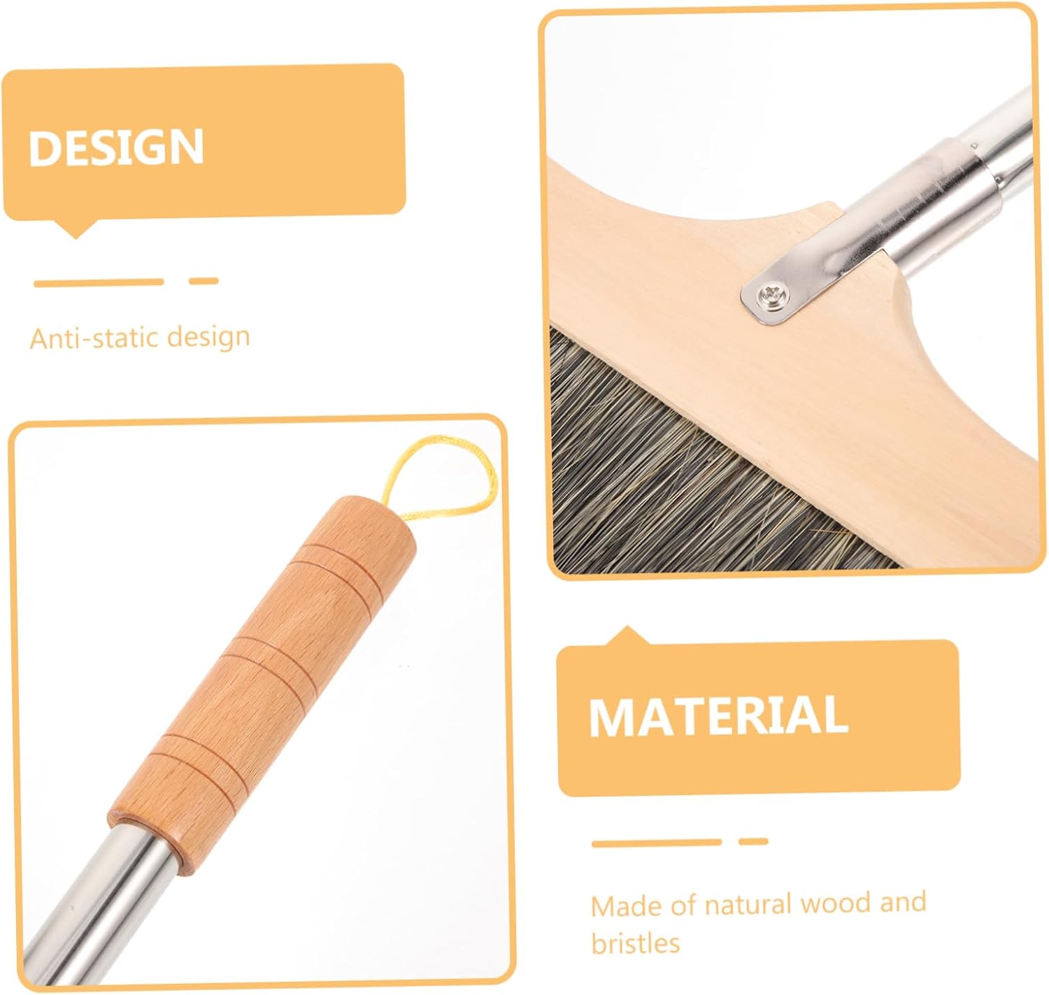 Ipetboom Wooden Handle Bristle Broom for Hardwood Floors Soft Bristle Brush Stainless Steel Pole