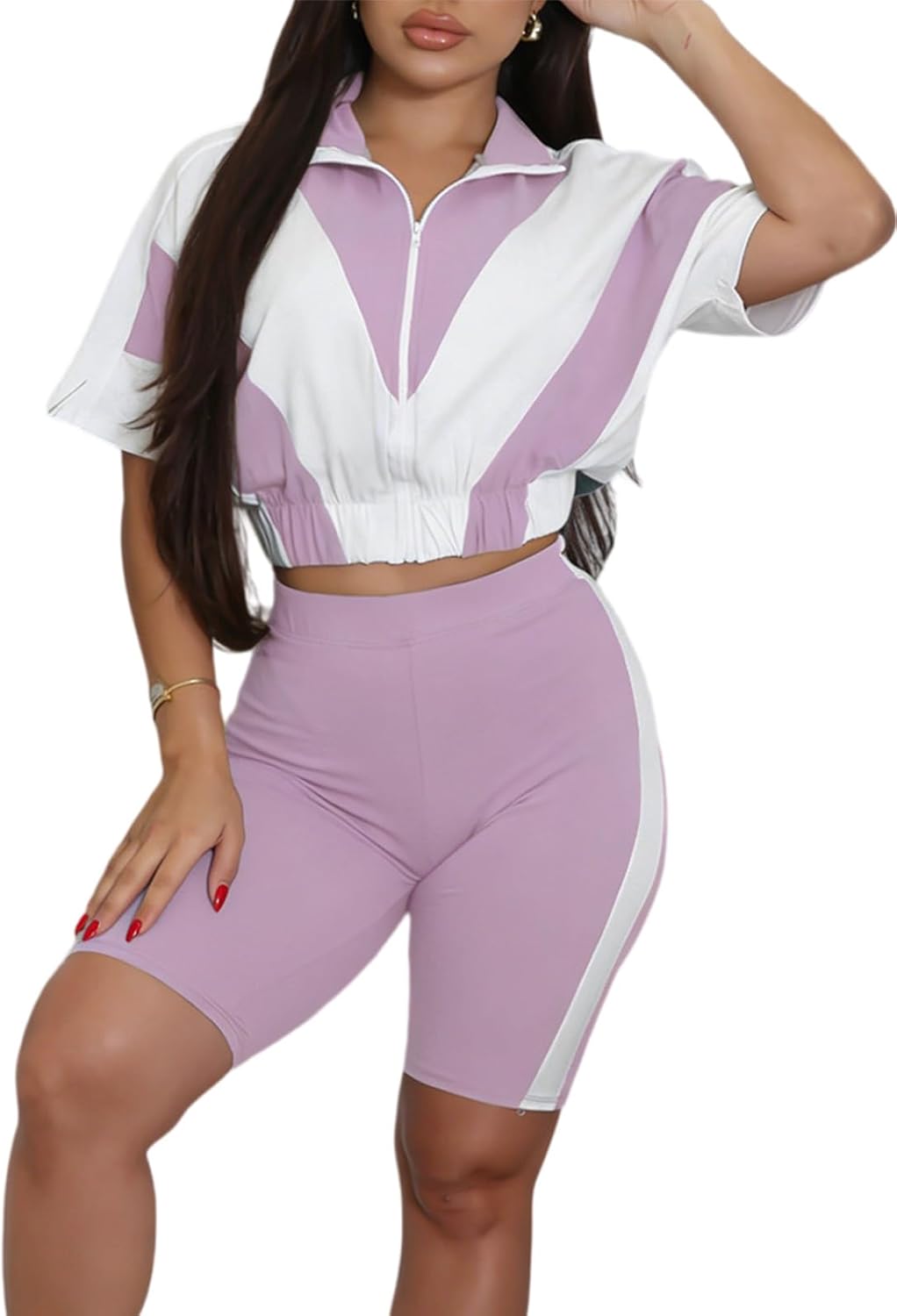 XZLUFNY Women 2 Piece Outfits Color Block Short Sleeve Full Zip Cropped Jacket Bodycon Shorts Set Tracksuit