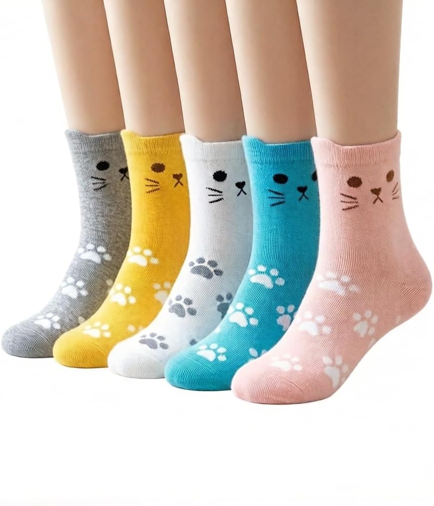 5 Pairs Cute Cat Face Socks for Women, Novel Stretchy Mid-Calf Socks with Paw Print Pattern, Women's Birthday Cat Gifts