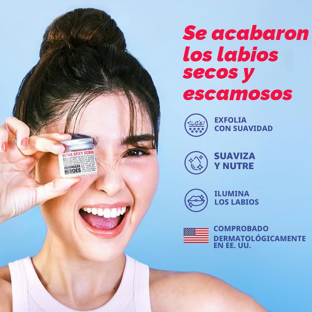 Handmade Heroes Exfoliante Labial 100% Natural, Vegano y Suave, Exfoliante de Azúcar y Coco para Labios Agrietados y Secos, 1 Onza