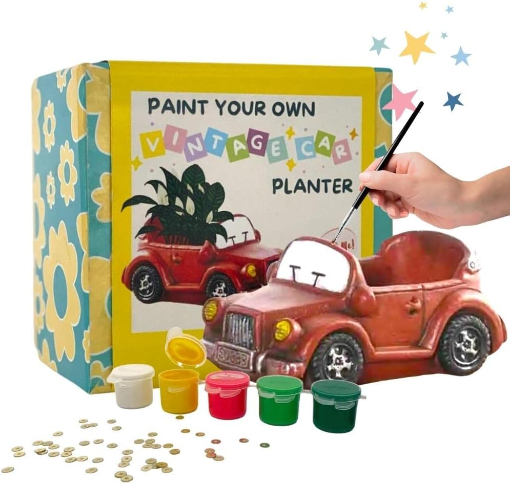 Paint Your Own Vintage Car Planter | DIY Art and Craft Kit | Eco-Friendly Ceramic Activity Kit | Gift Set for Kids, Age 5,6,7+ (Paper Weight, Crayon Stand)