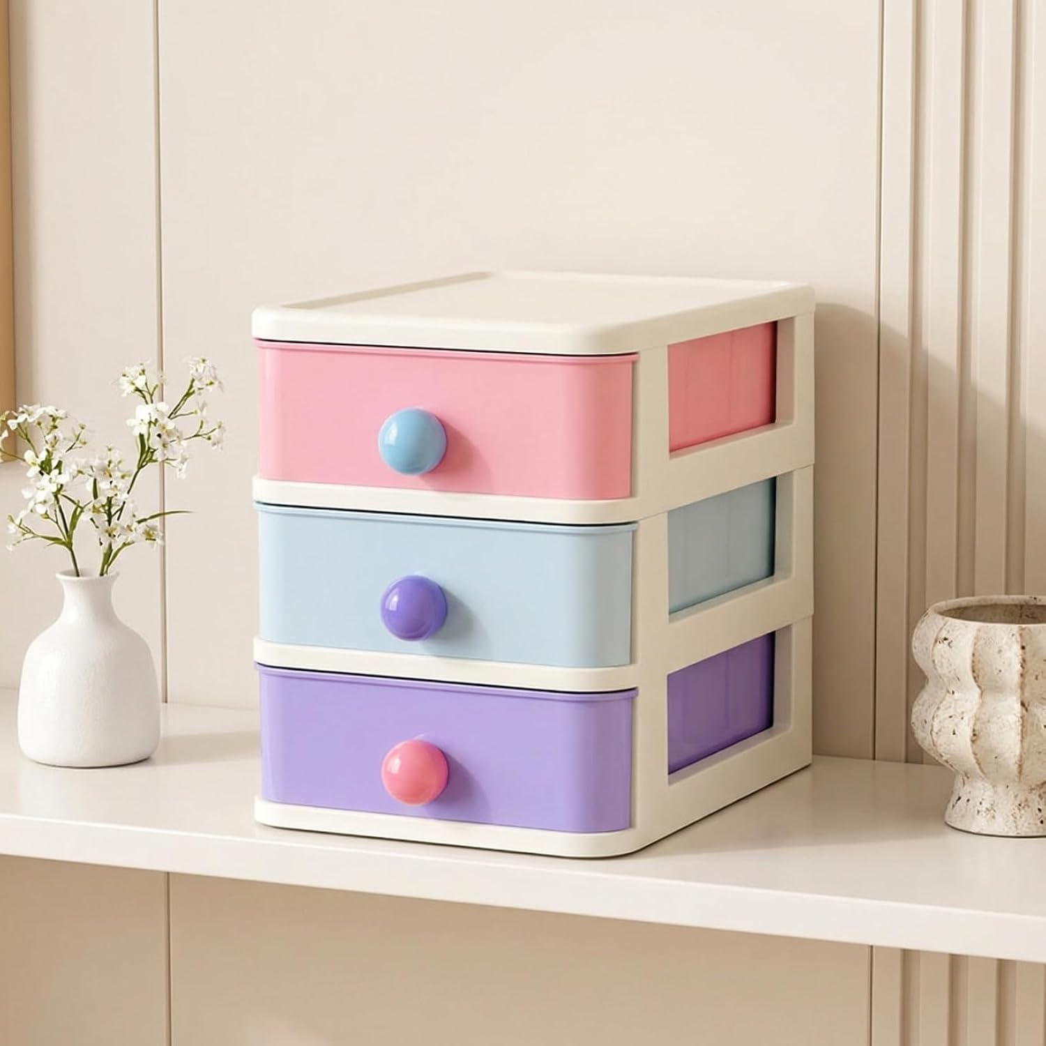 Stackable 3-tier Mini Drawer Tower Organizer for Desk – Compact Desktop Storage Box with Drawers, Vanity and Craft Storage Solution for Office, Dorm, and Small Spaces