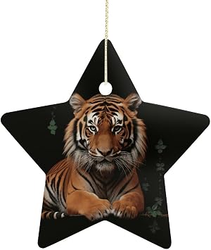 Personalized Christmas Ornaments with Tiger and Paws Star Hanging Ornament with Gold String Sublimation Ceramic Ornaments for Christmas Tree Winter Holiday Xmas Gift