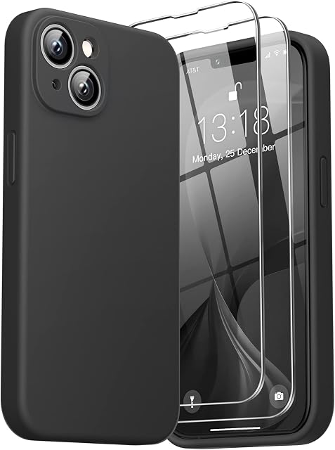 GOODVISH [3 in 1 Designed for iPhone 14 (6.1") Liquid Silicone Case 2022 [Upgraded Camera Protection], with 2 Pack Screen Protector, Shockproof, Anti-Scratch Gel Rubber Slim Phone Cover, Black