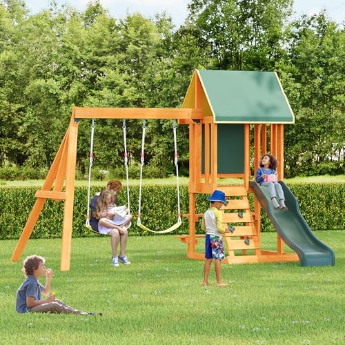 Outdoor Swing Set for Kids,3-in-1 Wooden Playset with Slide, 2 Swings & Climber for Garden, Backyard & Playground – Perfect Outdoor Play Equipment for Toddlers & Kids (Green)