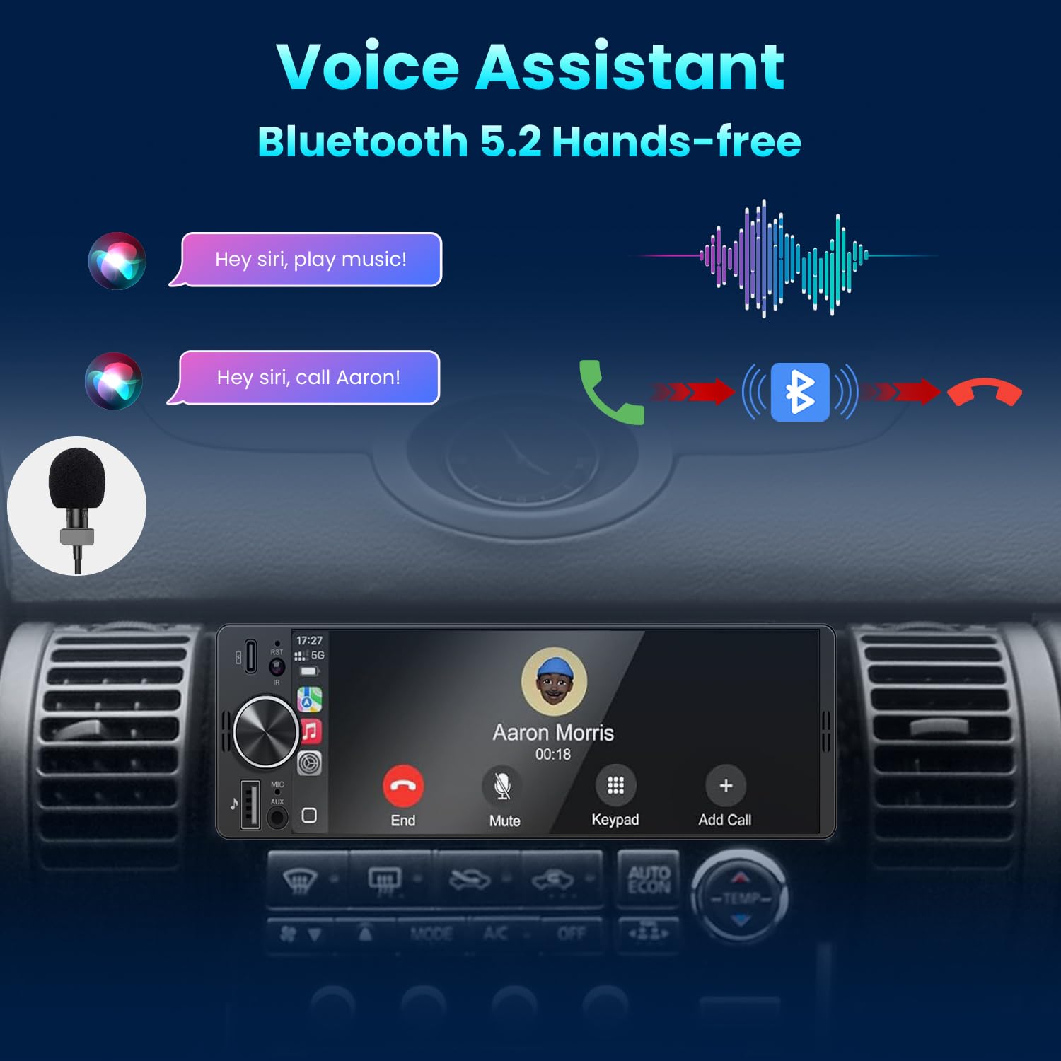 Autoradio 1DIN Mit Bildschirm (6,3") Kompatibel Mit Apple CarPlay [Wireless] Android Auto Bluetooth USB (Typ-C 3A Schnellladung) Rückfahrkamera AM/FM/RDS Radio