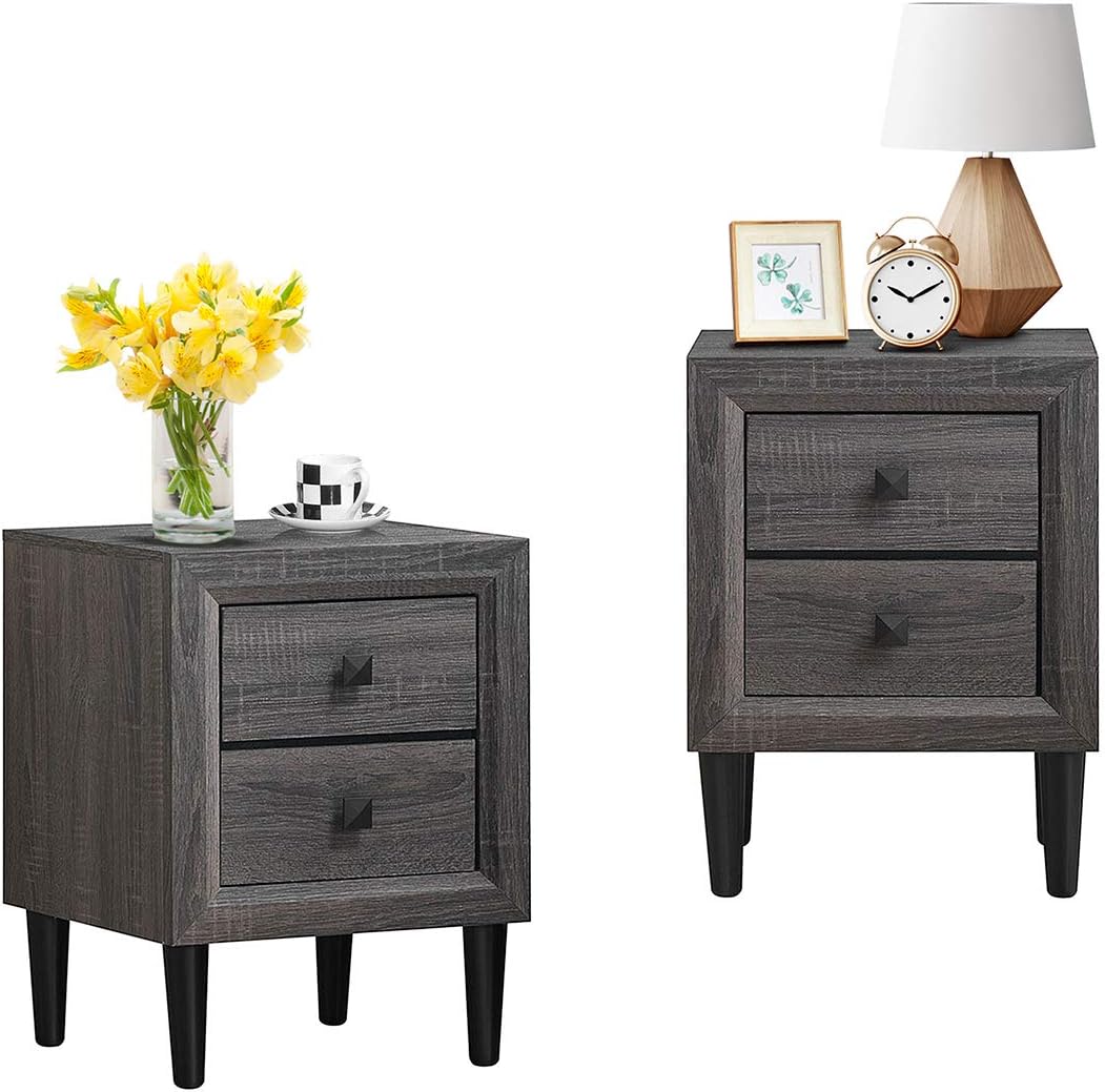 Giantex Nightstand w/2 Storage Drawers, Set of 2 Wooden End Table for Small Space, Sofa Side Table for Living Room, Bedside Table for Bedroom, Gray