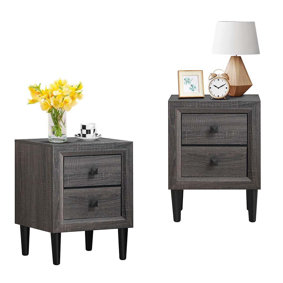 Giantex Nightstand with Drawer Set of 2, Fully-Assembled 2-Drawer Bedside Tables with Solid Wood Legs for Bedroom, Modern Night Stand Side Table for Small Space Living Room, Grey