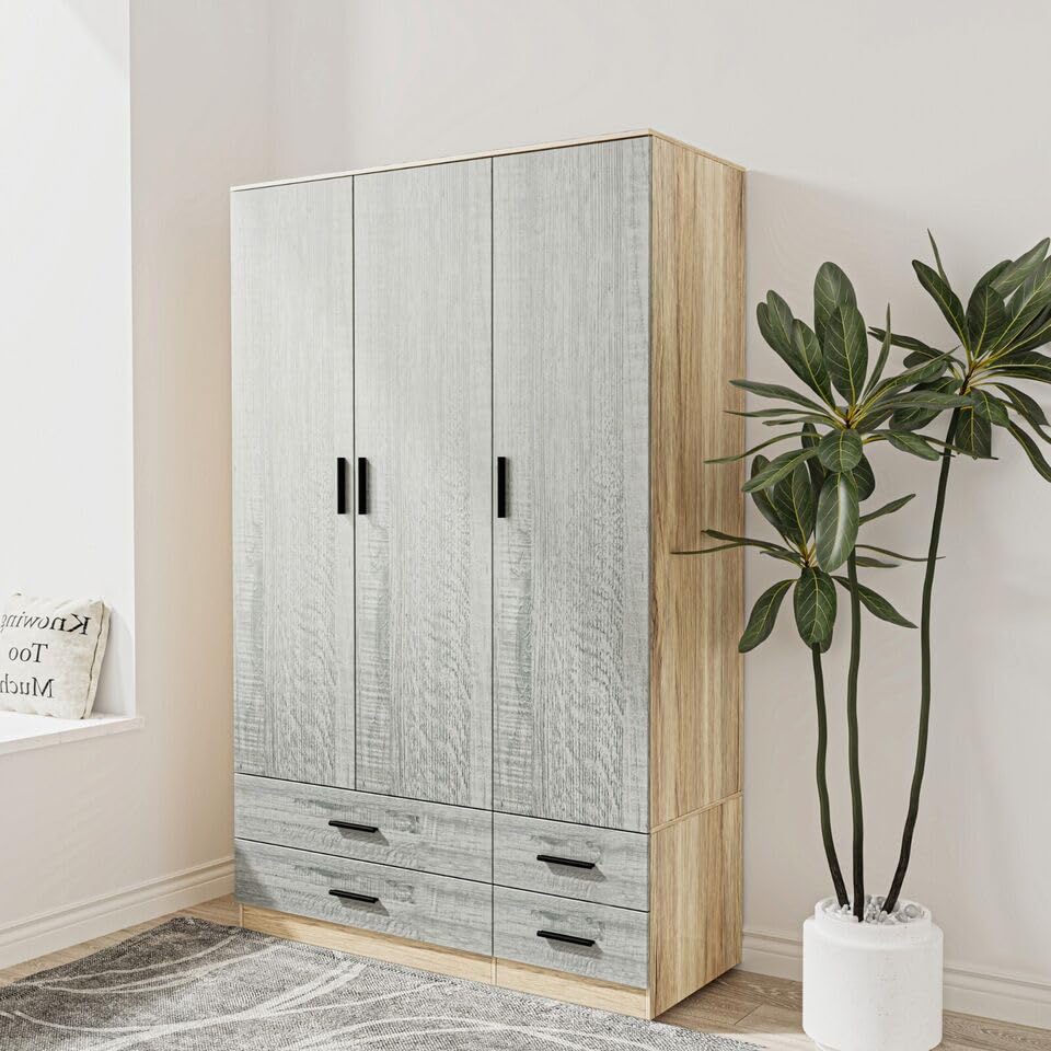 URBNLIVING Modern 3 Door 4 Drawer Wardrobe with Hanging Rail, Bedroom Furniture, Storage Shelf Clothes Organiser Stylish Design, Ample Storage Solution