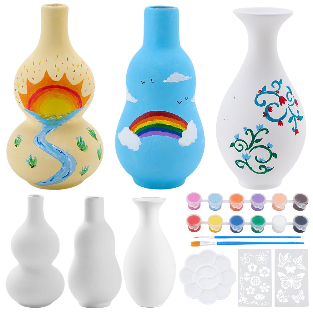 WEBEEDY Juego de 3 jarrones de cerámica para adultos, principiantes, con forma de calabaza, jarrón de cerámica blanca con plantillas de flores de mariposa, pintura, pinceles, paletas, pinta tu propio