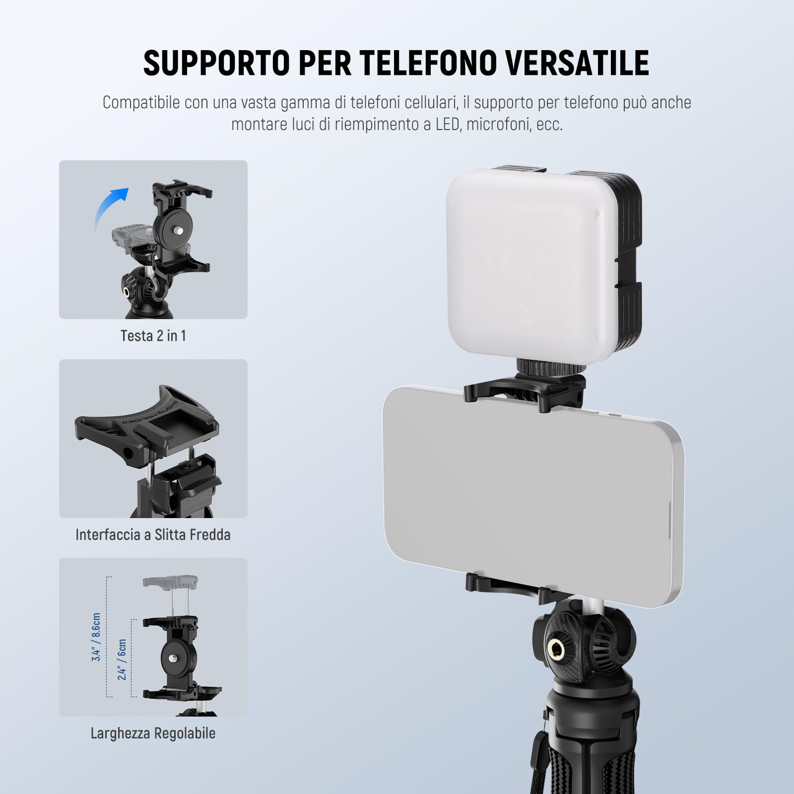 NEEWER TP38 Treppiede Fotocamera Smartphone Selfie Stick con Porta Cellulare Adattatore Action Cam Compatibile con iPhone GoPro, Mini Tripod Supporto Viaggio con Panno Pulizia per Vlog Riprese Video