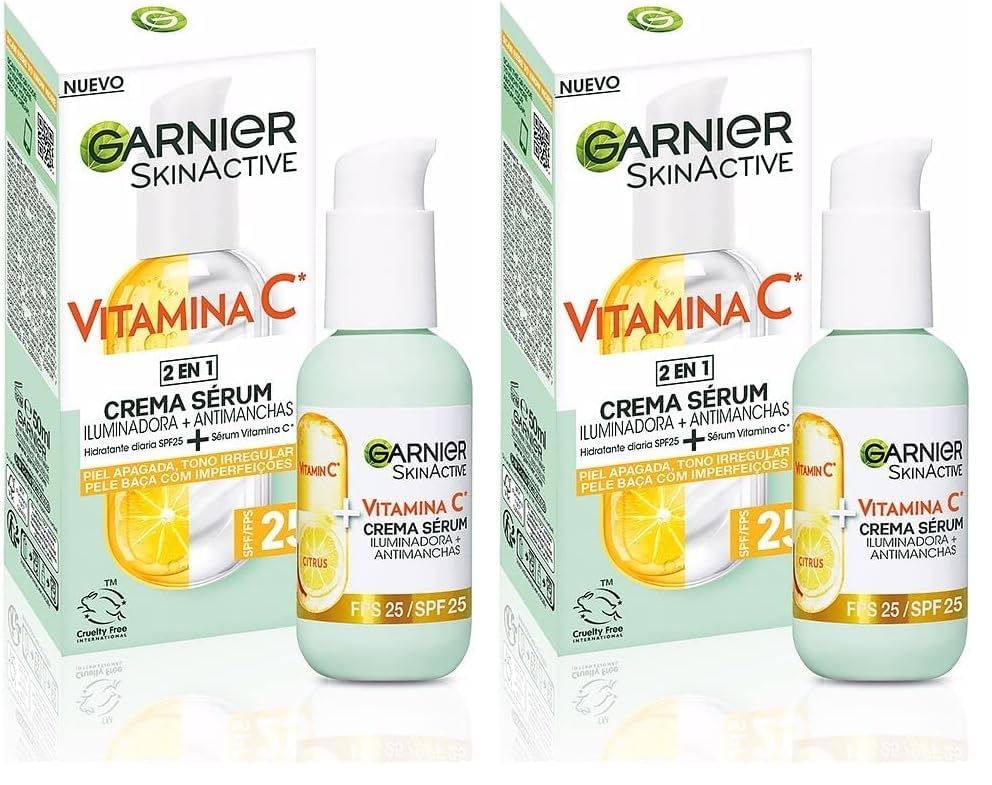 Garnier, Sérum Facial Iluminador y Anti Manchas 2 en 1, Con 20% Vitamina C y SPF25, No graso, Clínicamente probado, 50 ml (Paquete de 2)