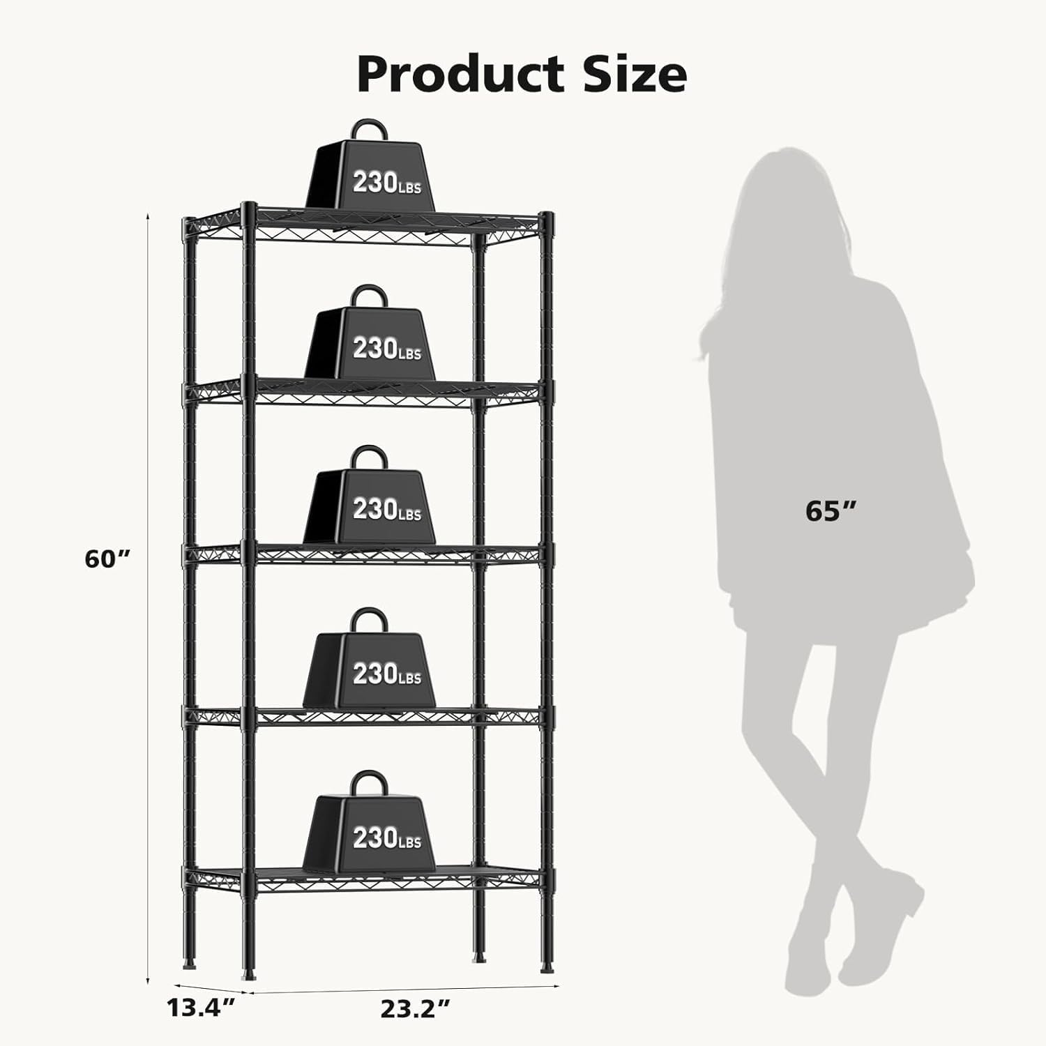 HealSmart 5-Tier Metal Wire Storage Shelves, Adjustable Standing Storage Rack Shelf, Heavy Duty Steel Shelving Unit Organizers for Kitchen Bathroom Pantry Garage, 23.3" W×13.4" D×60" H, Black
