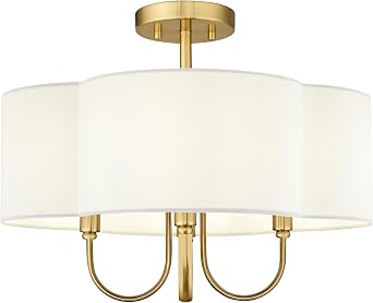 18 Gold Semi Flush Mount Ceiling Light with Beige Fabric Shade | 4-light vinrage drum ceiling light with fabric shade in quatrefoil for bedroom nursery dining room, E12 Base, SM179-BG-B-L