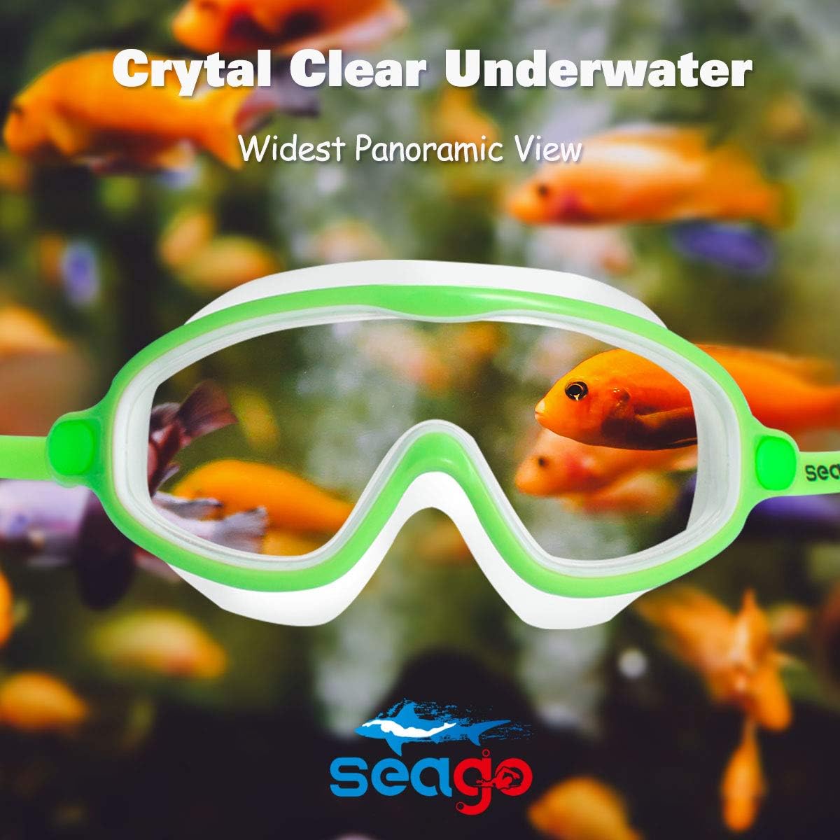 Seago Swim Goggles 2 Pack Anti-Fog Anti-UV Wide View Swimming Goggles for Kids 3-14 Blue & Green