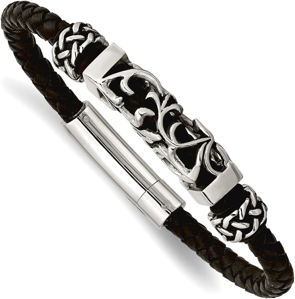 JewelryWeb Stainless Steel Polished Black Leather With Oxidized Beads Bracelet 8.25 Inch 10mm Wide Link Bracelet for Women