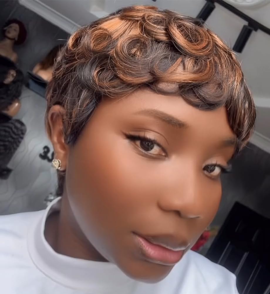 Chocolate Brown Short Layered Pixie Cut Wig Human Hair Wear and Go Glueless Colored Curly Human Hair Wigs With Bangs for Women Full Machine Made None Lace Front Wigs Human Hair