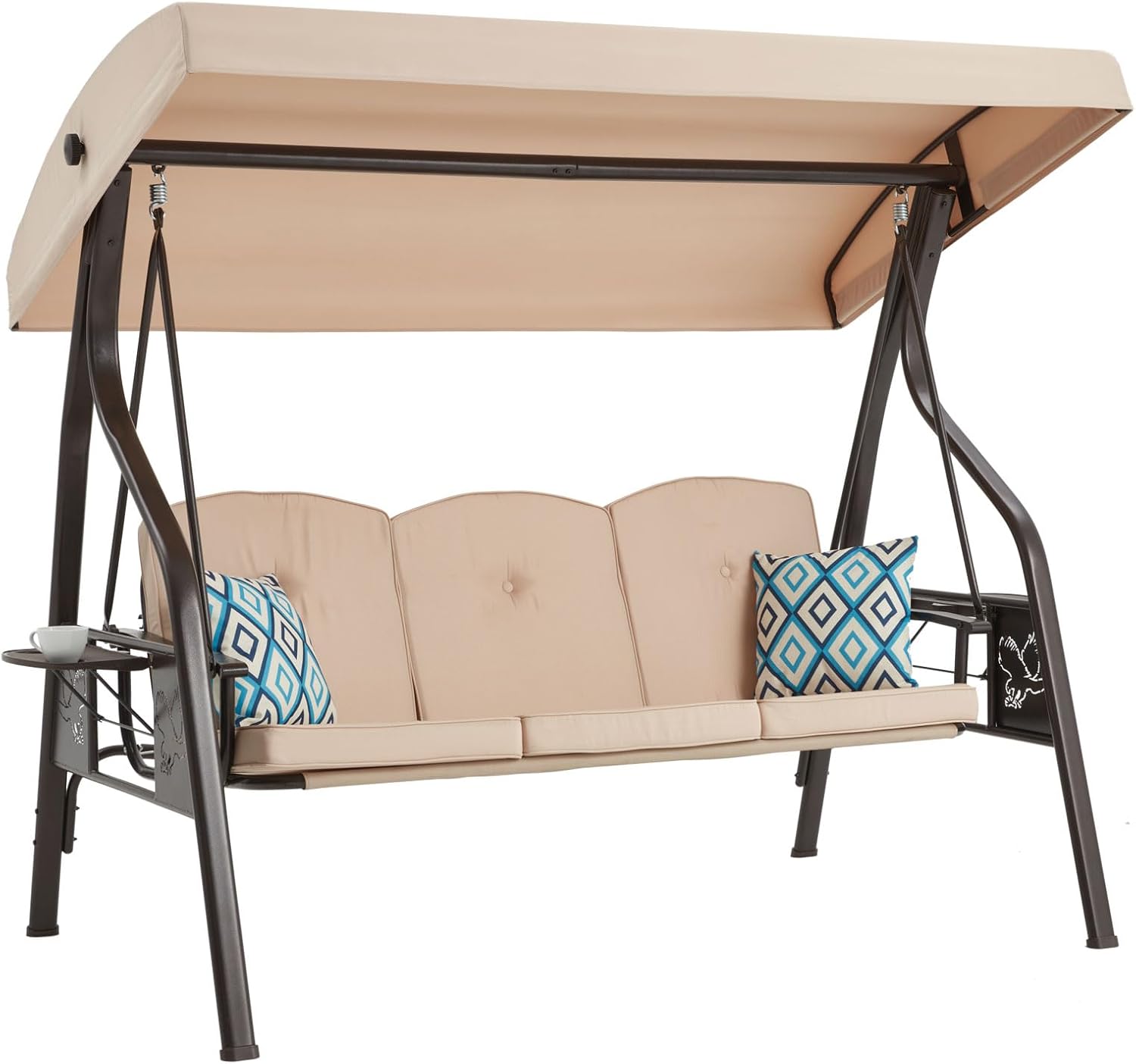 ZZW 3-Seat Outdoor Porch Swing with Stand, Patio Swing with Canopy, 2 in 1 Porch Swing Bed & Patio Swing Chair for Adult, w/Extra Pillows and Cup Holder for Yard