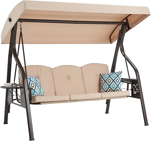 Columpio de porche al aire libre de 3 asientos con soporte, columpio de patio con toldo, cama columpio de porche 2 en 1 y silla de columpio de patio