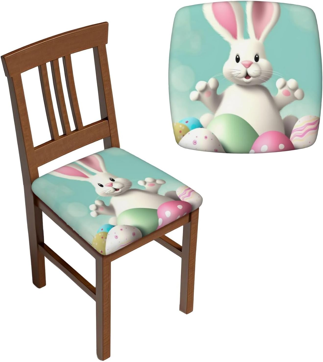4PCSs Stretch Seat Covers Set, Happy Easter Eggs Chair Covers for Dining Room, Square Chair Seat Slipcovers with Ties, Removable Washable Dining Chair Protector Seat Cover for Kitchen Office
