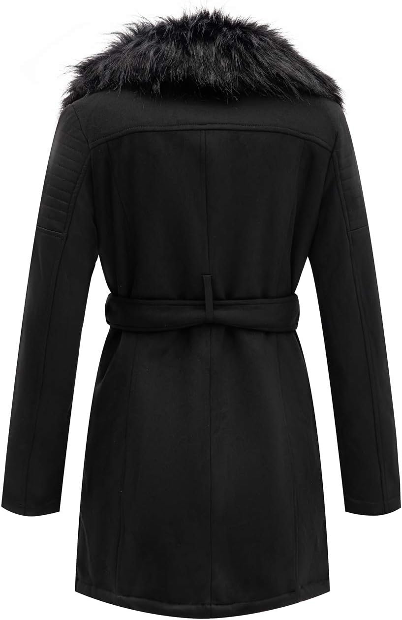 Bellivera Women Faux Leather Trench Coat Fleece-Lined Mid-length Jacket with Detachable Fur Collar - Image 3